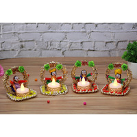 JH Gallery Rajasthani Dolls Shubh Laabh Tealight Candle Holder, Multicolor (2 Pair)(4 Candle Holders)