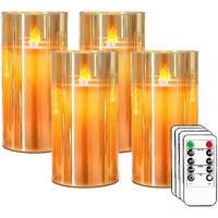 Pack 4 - LED Glass Cup Pillar Candle | Real Wax | Flameless Electric Candles with Flickering Faux Wick | Amber Color Glass | Battery Powered with Remote Controller for Home Decor (H-6 x D-3)