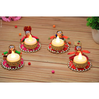 JH Gallery Handmade Recycled Material Rajasthani Dolls Puppet Tealight Candle Holders, (Multicolor 2 Pair)