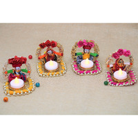 JH Gallery Recycled Material Rajasthani Raja Rani Puppet/Dolls Decorative Jharokha Tealight Candle Holder (2 Pair)(4 Candle Holders), Recycled Material