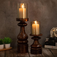 DREAMY WALLS Wooden Candle Stand, Set of 2, Mango Wood Candle holders for Home Dcor with Glass Hurricane, Dining Table Decor, Round Pillar candle holder, Decorative Candle stands for home decor