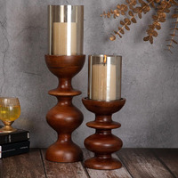 DREAMY WALLS Wooden Candle Stands for Home Decor with Glass (Set of 2)- Mango Wood Candle Holder Stand, Dining Table Decor, Wavy Round Pillar candle holder, Decorative Candle stands for home dcor