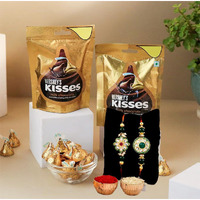 CraftVatika 2 Set Rakhi with Chocolate - Rakhi for Brother with Chocolate Combo Gift Set - Set of 2 Designer Rakhi for Brother Bhaiya with 2 Harsheys Kissess Chocolates