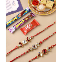 CraftVatika Kundan Rakhi Set of 3 for Brother with Chocolate Gift Combo for Rakshabandhan with Greeting Card