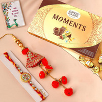 CraftVatika Rakhi Ferrero Chocolate Gift Box for Brother and Bhabhi, Rakhi Combo Set of 2 with Ferrero Moments Chocolates for Brother, Pom Pom Lumba Rakhi, Designer Rakhi with Ferro on Raksha bandhan
