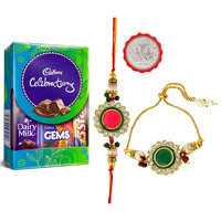 CraftVatika Rakhi for Brother and Bhabhi with Chocolate Gift Hamper - Couple Kundan Rakhi for Bhaiya Bhabhi - Rakhi with Chocolate Combo - Rakhi with Coin Rakshabandhan Rakhi Gift, 120 grams