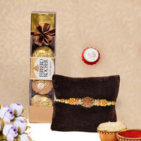 CraftVatika Ferrero Rocher Rakhi Gift Chocolate for Brother Boy Men Kids, Premium Rudraksh Designer Rakhi with Pooja Coin Combo Rakhi Set of 1 with Chocolate Gift Hamper, Rakhi for Bhaiya Bhai