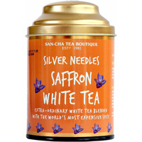 SAN-CHA Tea Boutique, Saffron White Tea, Silver Needle Tea, 75 Gm Loose Leaf Tea, Blended With Real Kashmir Saffron, Delicious Kesar Chai
