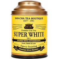 SAN-CHA Tea Boutique, Super White Tea (75X3 Cups), Worlds Healthiest Tea, Low Caffeine Tea, Silver Needles White Tea, Organic Darjeeling White Tea, Darjeeling White Loose Leaves Tea Treasure, 150 Gram