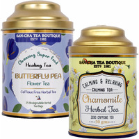 SAN-CHA Tea Boutique, Botanic Tea Combo, 2In1 Caffeine Free Herbal Teas, Butterfly Pea Flower Tea (25 Tea Bags) & Chamomile Flower Tea (50 Gram Flowers), Stress Relief Tea, Herbal Tea Gift