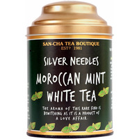 SAN-CHA Tea Boutique Moroccan Mint White Tea, Richest In Antioxidants, Pure Tea Buds (75 Cups+), Real Spearmint Tea, Silver Needles White Tea, Herbal Tea For Pcos & Pcod, Low Caffeine Tea, 150 Grams