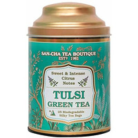 SAN-CHA Tea Boutique Tulsi Green Tea Bags (Pack Of 25), Pyramid Tea Bags, Sweet Citrus Aroma, Natural Detox Tea, Low Bitterness, Zero Calories & Improves Metabolism, 240 Gram