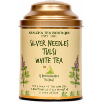 SAN-CHA Tea Boutique Tulsi White Tea (25 Pyramid Tea Bags) Pure Tea Buds Blended With Holy Basil Leaves, Worlds Healthiest Tea, Silver Needles White Tea, 1 Gram