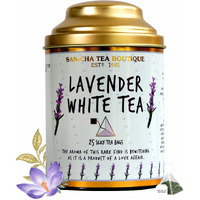 SAN-CHA Tea Boutique, Lavender White Tea, 25 Pyramid Tea Bags, Calming & Relaxing Tea, Silver Needle White Tea, 150 grams