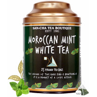 SAN-CHA Tea Boutique,Moroccan Mint White Tea,25 Pyramid Tea Bags,Richest In Antioxidants,Low Caffeine Tea,Blended With Real Spearmint Leaves,Silver Needles White Tea,Herbal Tea For Pcos & Pcod-140 Gm