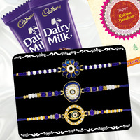 Canton Rakhi With Chocolate Gift Combo, Pack of 3 Designer Rakhi For Brother With Chocolate Gift, Roli & Greeting Card (Design-5, Rakhi With Cadbury)