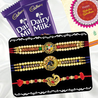 Canton Rakhi With Chocolate Gift Combo, Pack of 3 Designer Rakhi For Brother With Chocolate Gift, Roli & Greeting Card (Design-9, Rakhi With Cadbury)