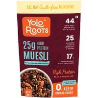 Yolo Roots High Protein Muesli 200g | Breakfast Cereal with 17% Premium Whey Protein Isolate & Real Dark Chocolate | 25% Almond, Pumpkin, Cranberry Made with Date Syrup