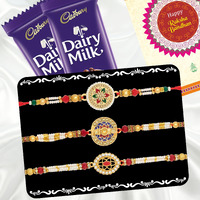 Canton Rakhi With Chocolate Gift Combo, Pack of 3 Designer Rakhi For Brother With Chocolate Gift, Roli & Greeting Card (Design-18, Rakhi With Cadbury)