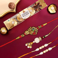 CraftVatika Rakhi Set of 4 for Brother and Bhabhi Kids with Chocolate Gift Hamper, Rakhi with Ferrero Rocher Chocolate, Krishna Lumba Pearl Rakhi for Bhai Kids Bhaiya,