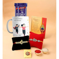 CraftVatika Rakhi Chocolate Combo Gift For Brother, Chocolate with Mug Combo, Lucky Bro Printed Coffee Mug with Biker Bhai Rakhi, Peacock Rakhi with Greeting Card, Tilakk Set, Cadbury Chocolate