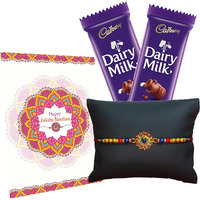 Canton Pack of 1 Rakhi for Brother with Chocolate Gift Hamper, Designer Rakhi with Roli Chawal, Dairy Milk & Greeting Card (Design-16)