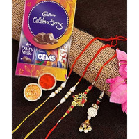 Rakhi Chocolate Gift Combo Set of 4 for Brother and Bhabhi Kids with Chocolate Gift Combo, Rakhi with Cadbury, Krishna Lumba Pearl Rakhi for Small Family on Rakshabandhan