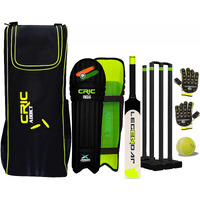 jaspo Cric-Addict Legender Cricket Set for Kids, Kit with legguards,Gloves,Bag,Ball,4stumps,2stands,2bails & a Strong Plastic bat for Initial Training, for Boys Girls(Size-5) up to 12 Years