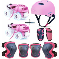 Jaspo Marshall illumi Premium Skating kit Adjustable Quad Roller Skates for Kids 8-14 Years with LED PU Wheels and Superior Protective Gear Combo, (Pink)