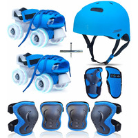 Jaspo Marshall illumi Premium Skating kit Adjustable Quad Roller Skates for Kids 8-14 Years with LED PU Wheels and Superior Protective Gear Combo,(Blue)