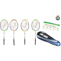 jaspo Core-JS-600 4 Aluminum Badminton Rackets, 5 Feather Shuttlecock, Badminton Bag- Multicolor