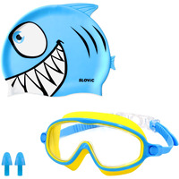 SLOVIC Yellow Goggles with Blue Shark Printed Swimming Caps for Kids | Waterproof | Anti-Fog Glasses | Perfect Fit for Boys & Girl | Swimming Caps for Kids 6-14 | No Hair Pulling | Free Size Cap
