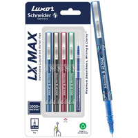Luxor Schneider, LX MAX roller ball pen, Pack of 4-Assorted+1 Refill, Needle Tip, 0.5mm, 100% German Technology, 1000+ mtrs writing length, Waterproof Ink, Ideal for Students & Professionals