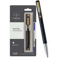 Parker Vector Standard Gold Trim Roller Ball Pen| Black Body Color | Ink Color - Blue | Novel Gifts For Professionals | Premium Pens For Personal & Professional Use