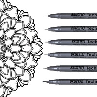 BRUSTRO Technical Fineliner Pen I Black I Set of 6 - Tip Sizes - 0.05mm, 0.1mm, 0.2mm, 0.3mm, 0.5mm, 0.8mm | Ideal For Mandala, Drawing,Artist Illustration,Sketching