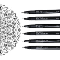 BRUSTRO Professional Pigment Based Fineliner Pen | Black | Set of 6 - Tip Sizes - 0.05mm, 0.1mm, 0.2mm, 0.3mm, 0.5mm, 0.8mm | Ideal For Mandala, Drawing,Artist Illustration,Sketching