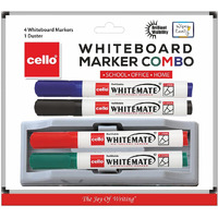 Cello Whitemate Whiteboard Markers | Set Of 4 Markers And 1 Duster | 4 Assorted Ink Colours | Bold Point Marker Pens With Easily Refillable And Erasable Ink | Writes Longer.