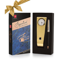 Cello Signature Corporate Gift Set | Blue Ink | 1 Ball Pen + 1 Golden Finish Table Clock with Pen Holder | Premium Metal Pen for Gift | Stylish Corporate & New Year Gifts for Men & Women