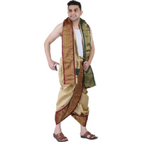 PRAKASAM COTTON Mens Asha Silk Panchakacham Ready to wear dhoti towel set with pocket panjakejam dhoti with pocket readymade dhoti towel set one for all (Beige)