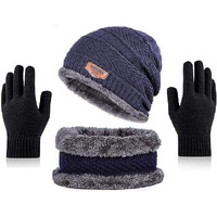 DIGITAL SHOPEE Winter Knit Beanie Set of Cap Hat Neck Warmer Scarf and Woolen Gloves Set Skull Cap for Men/Women - (3 Piece Set, Navy Blue)