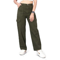 ELLITI Women's 6 Pocket Regular Fit High Rise Relaxed/Boyfriend Fit, Wide Leg, Bell Bottom, Pure Denim Ankle Length Jeans Pants (Size: 34) (Colour: Green)