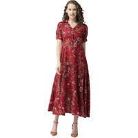 Bollyclues Women's Crepe Fit and Flare Dress (Maroon, XL)