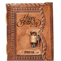 RJKART Handcrafted Leather Cover Happy Birthday Priya Embossed Writing Diary Notebook Doodle Journal Planner Unruled Smoooth White Paper Sheets 200 Pages Notepad Sketchbook Personal Diaries for Men and Women - Brown, Standard
