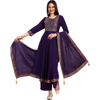 Naixa Women's Violate Rayon Embroidered Flared Kurta with Pant and Printed Dupatta Set