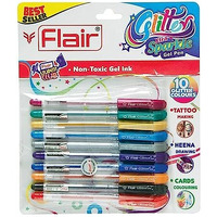 FLAIR Glitter Sparkle 1.0mm Gel Pen Blister Pack | Smooth & Perfect Writing Experience | Non-Toxic Fluid Gel Ink | Beautiful Transparent Body With Sparkles | Set of 10 Different Ink Colors