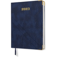 DOODLE 2023 Dated Executive Diary Planner | B5 Size | One-Day-to-a-Page New Year Diary with Metal Corner & Two Bookmarks | 360 pages | PU (Faux Leather) Cover Material (Blue)