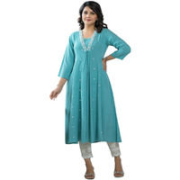 Juniper Sky Blue Thread Embroidered Liva Rayon Kurta with Mirror Work