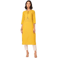 Indya Women's Cotton Embellished Regular Kurtas (RTN00698_Yellow_XL)