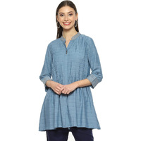BIBA Women Yarndyed A Line Kurti(WORKVOG18919_Blue_XL)