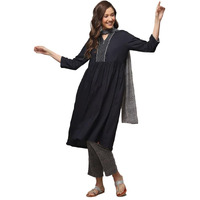 BIBA WOMEN PRINTED NARROW SALWAR KURTA DUPATTA(SKDASSORTED8762_BLACK_32)